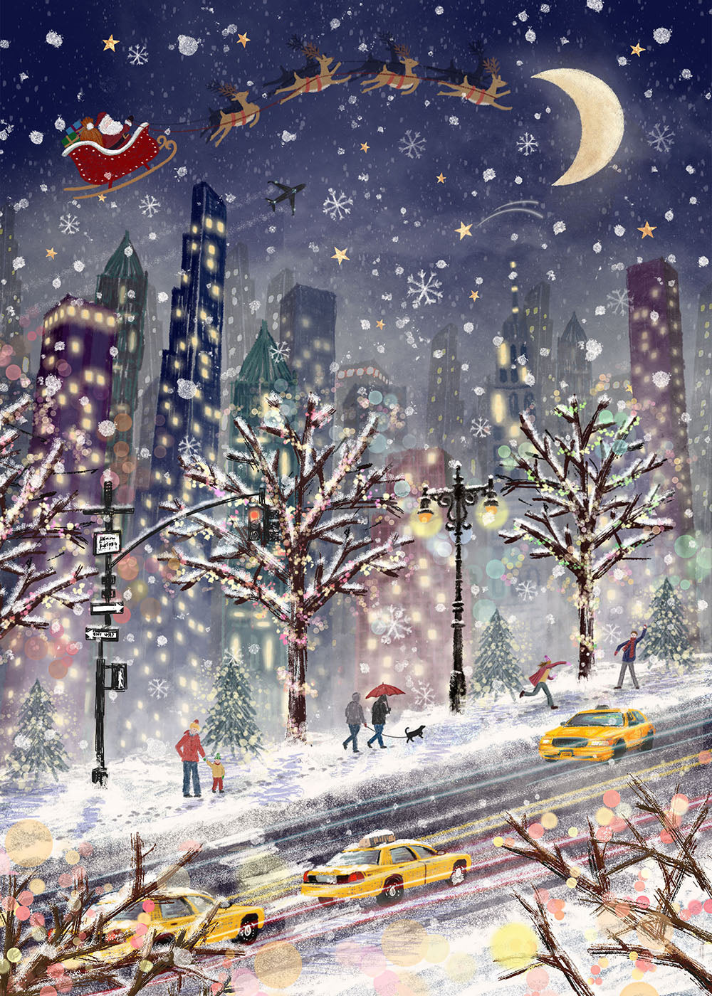 Christmas in New York Illustration for Greeting Cards & Gift Bags by Victoria Marks for Pure Art Licensing