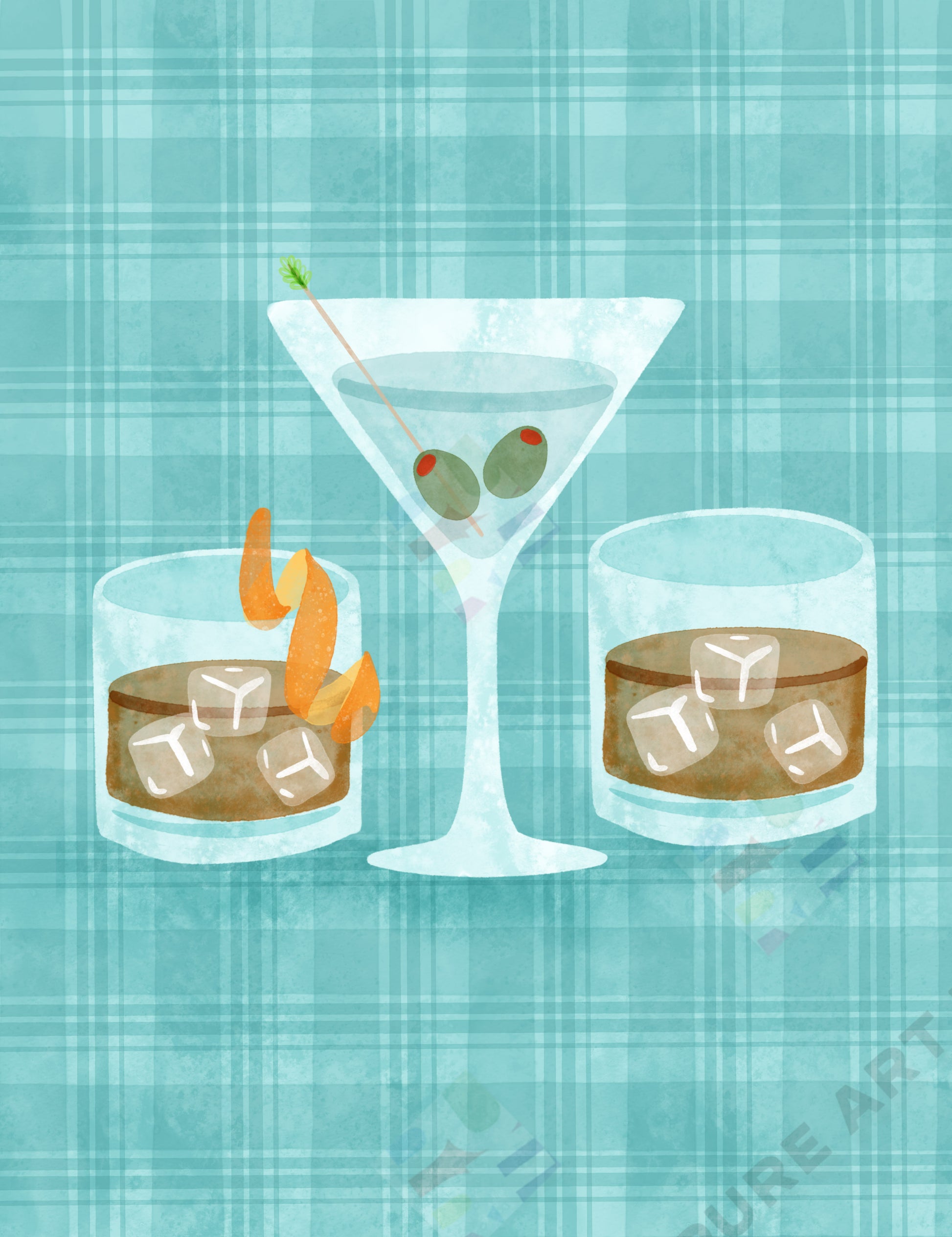 Whisky Glasses & Martini Design - Marie Lipocky is represented by Pure Art Licensing Agency - Christmas Greeting Card