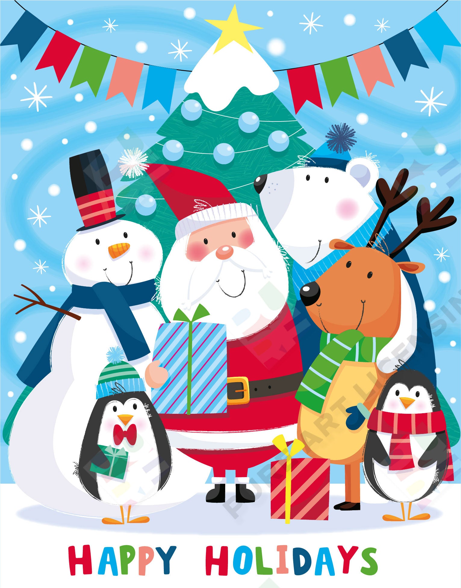 Santa and Friends around Christmas Tree Design for Greeting Cards - Sarah Pitt is represented by Pure Art Licensing Agency - Christmas Greeting Card