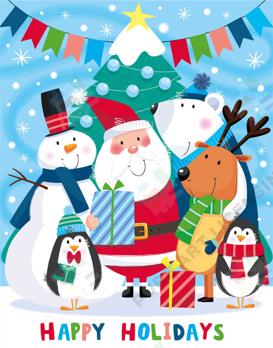 Santa and Friends around Christmas Tree Design for Greeting Cards - Sarah Pitt is represented by Pure Art Licensing Agency - Christmas Greeting Card