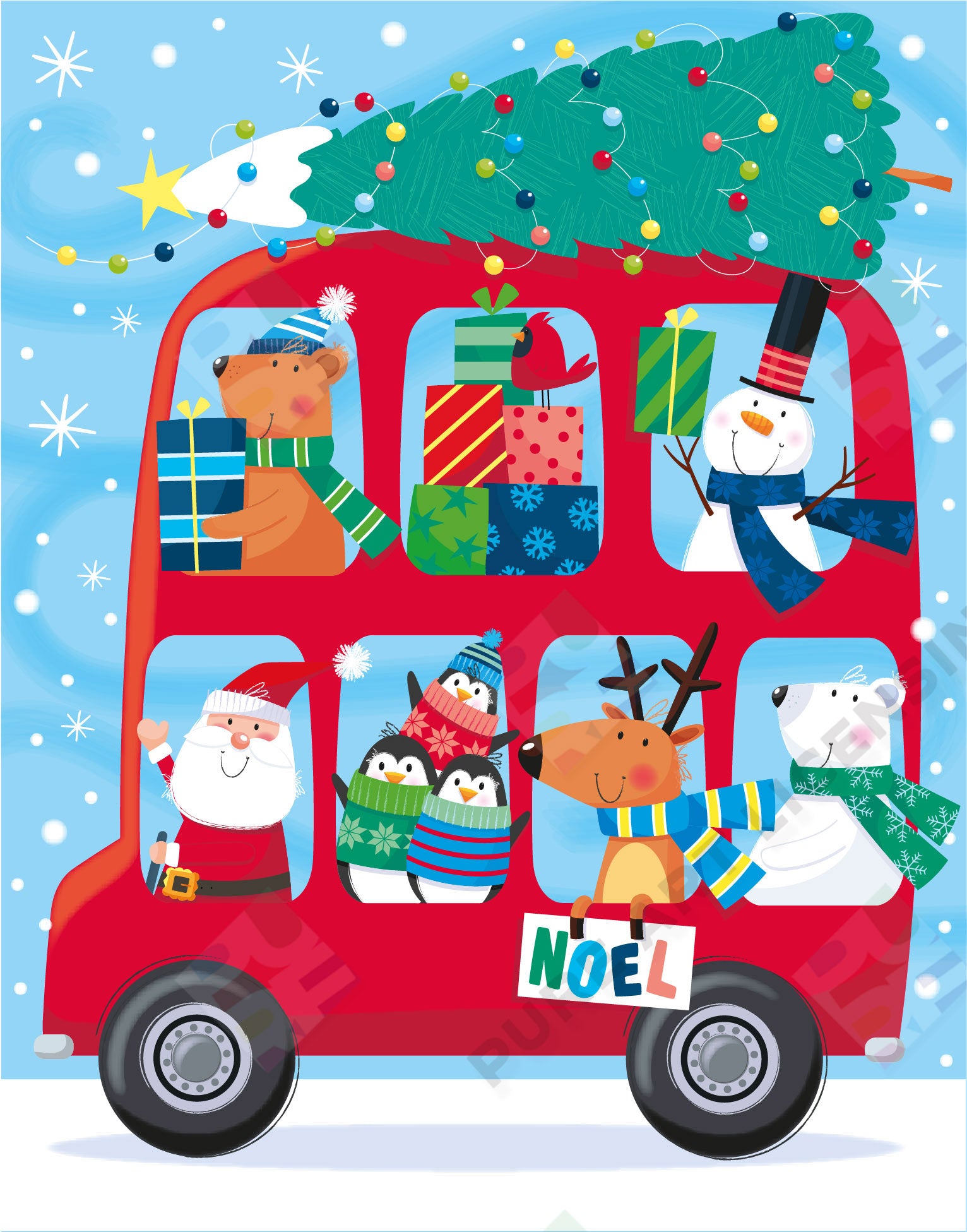 Santa and Friends School Bus - Sarah Pitt is represented by Pure Art Licensing Agency - Christmas Gift Bag Design