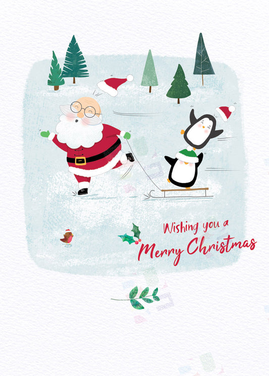 Cute Skating Santa & Penguins Christmas Card Design by Cory Reid for Pure Art Licensing Studio