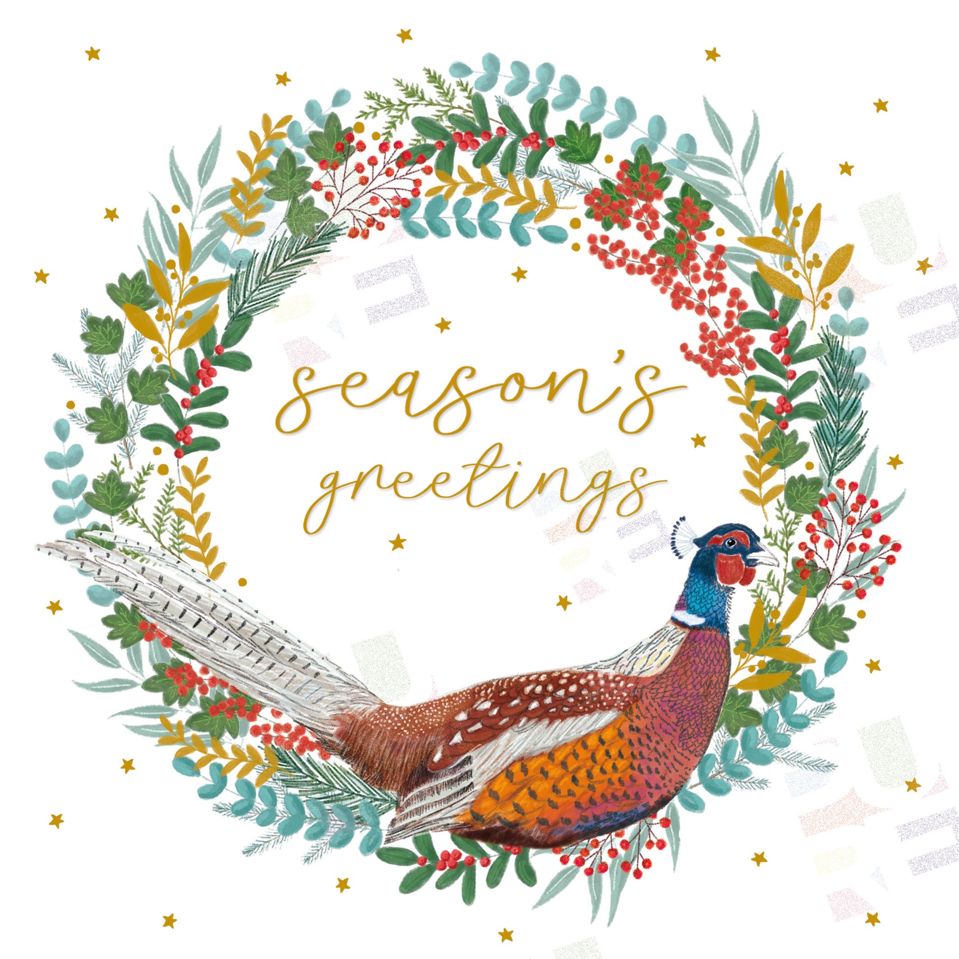 Christmas Pheasant Wreath Design for Greeting Cards - Caitlin Miller is represented by Pure Art Licensing Agency - Christmas Greeting Card