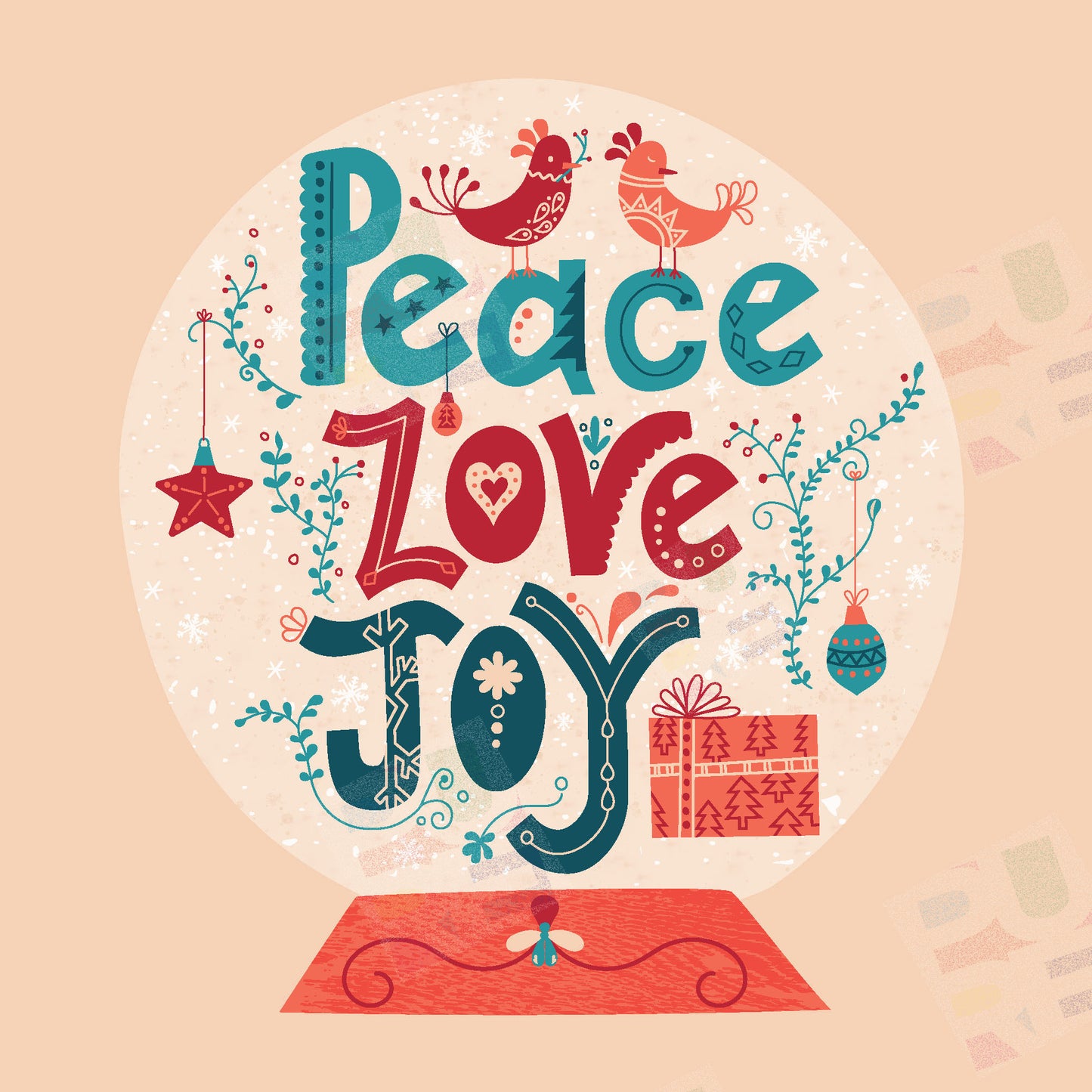 Peace Love Joy Christmas Snowglobe Design - Claire Wise is represented by Pure Art Licensing Agency - Christmas Greeting Card