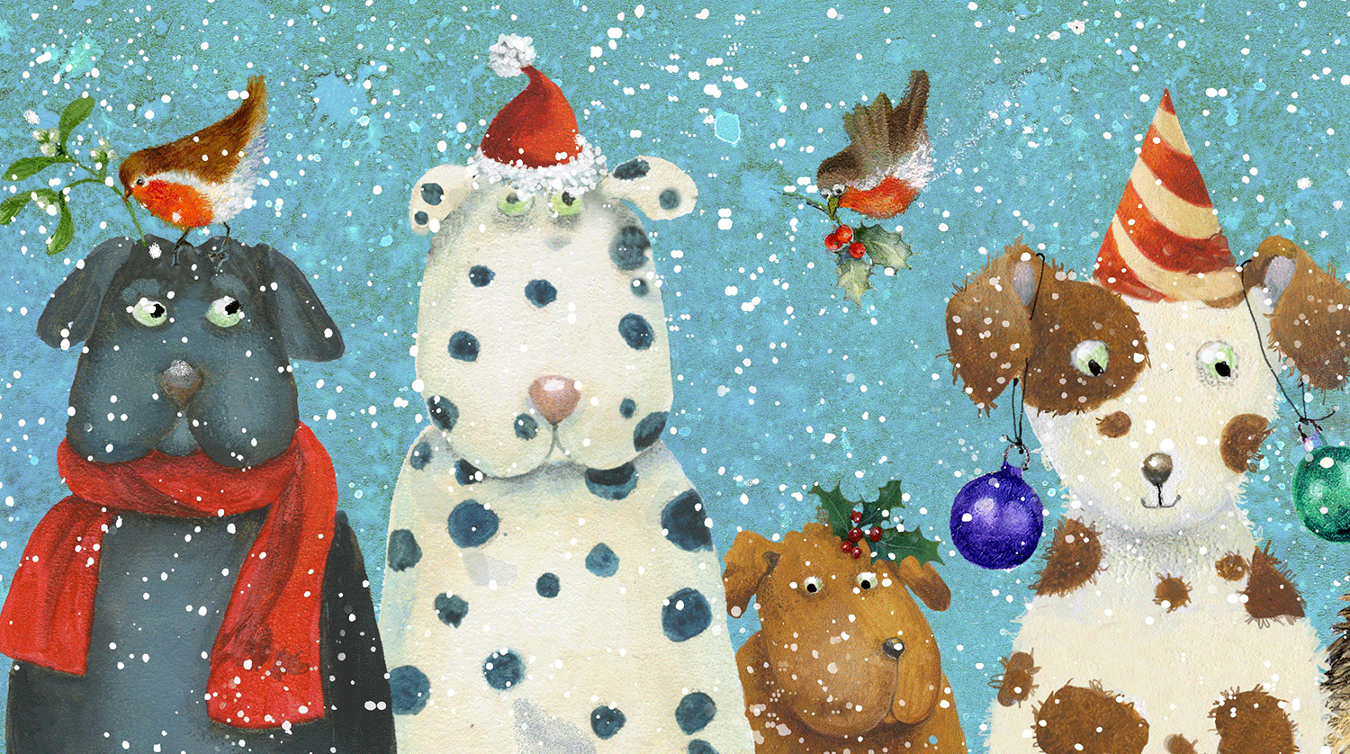 Adorable Christmas dogs illustration by Jan Pashley, featuring festive pups in cozy holiday settings. A charming and heartwarming design available through Pure Art Licensing