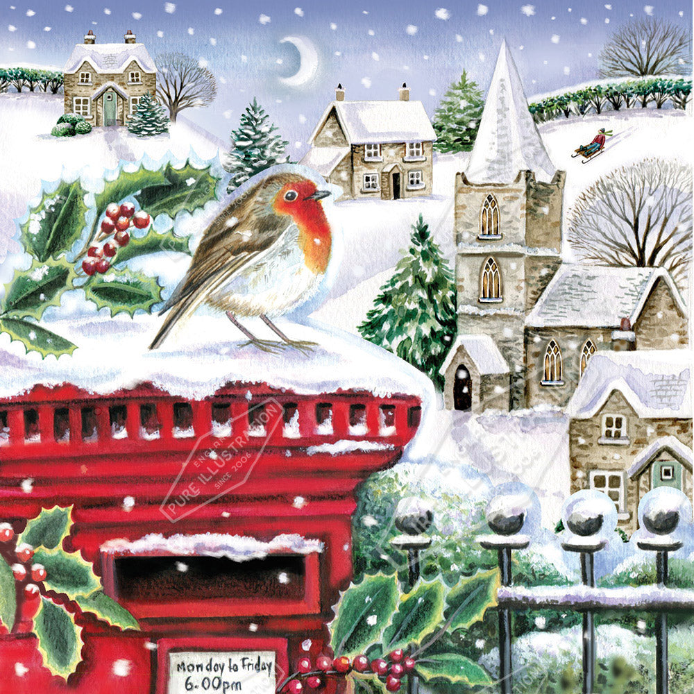 Robin on Postbox over Snowy Village by Deva Evans for Pure Art Licensing & Surface Design Agency - Design for Printed Products and Packaging