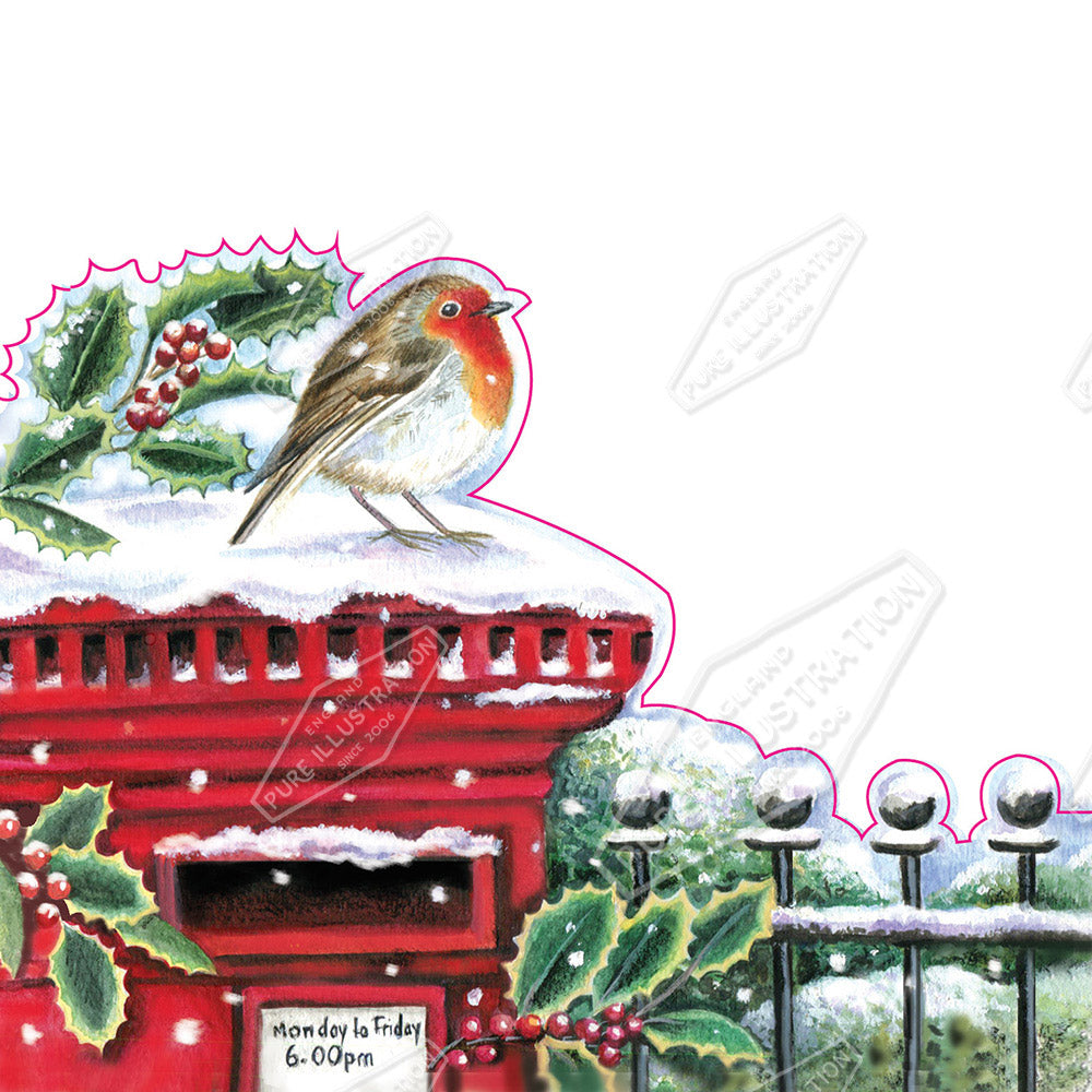 Robin on Postbox over Snowy Village by Deva Evans for Pure Art Licensing & Surface Design Agency - Design for Printed Products and Packaging